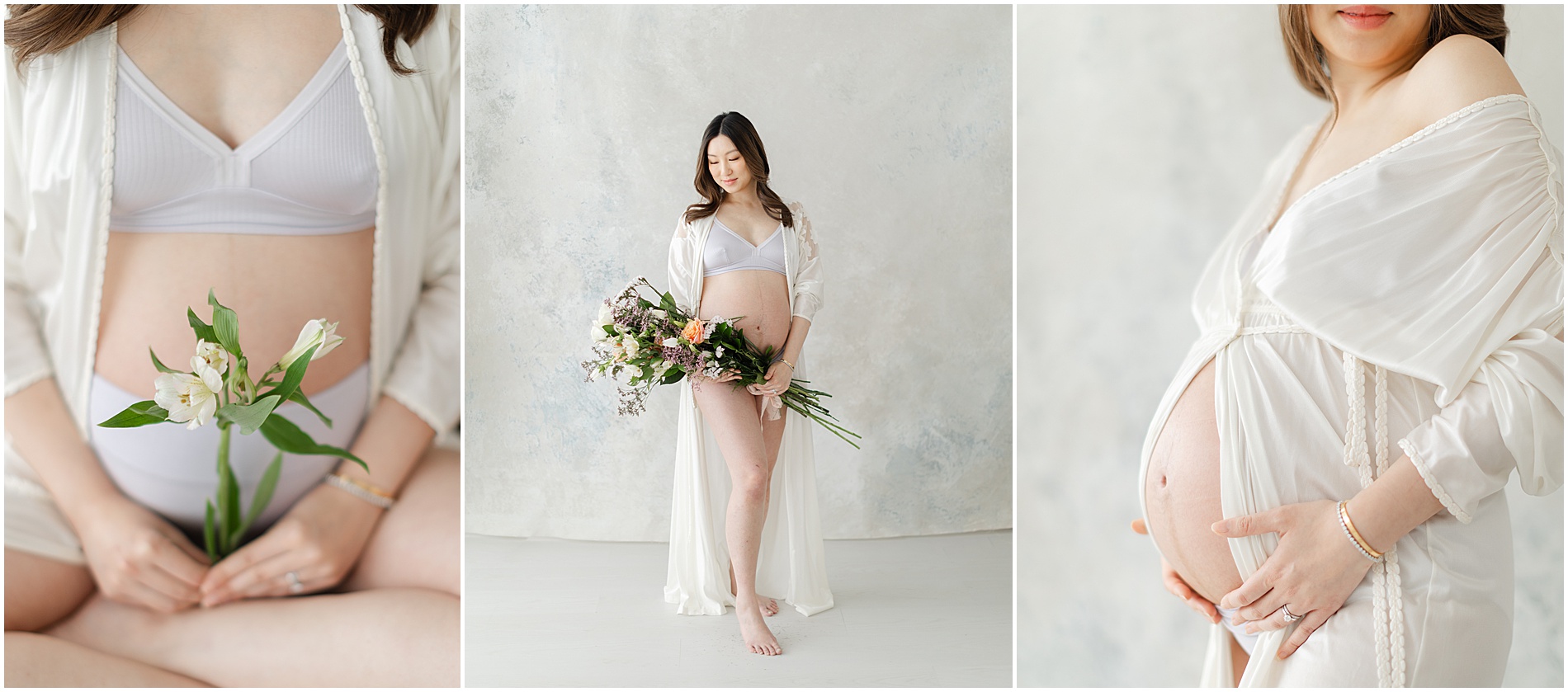 Series of soft maternity photos with flowers and robe, taken by a maternity photographer in New Jersey.